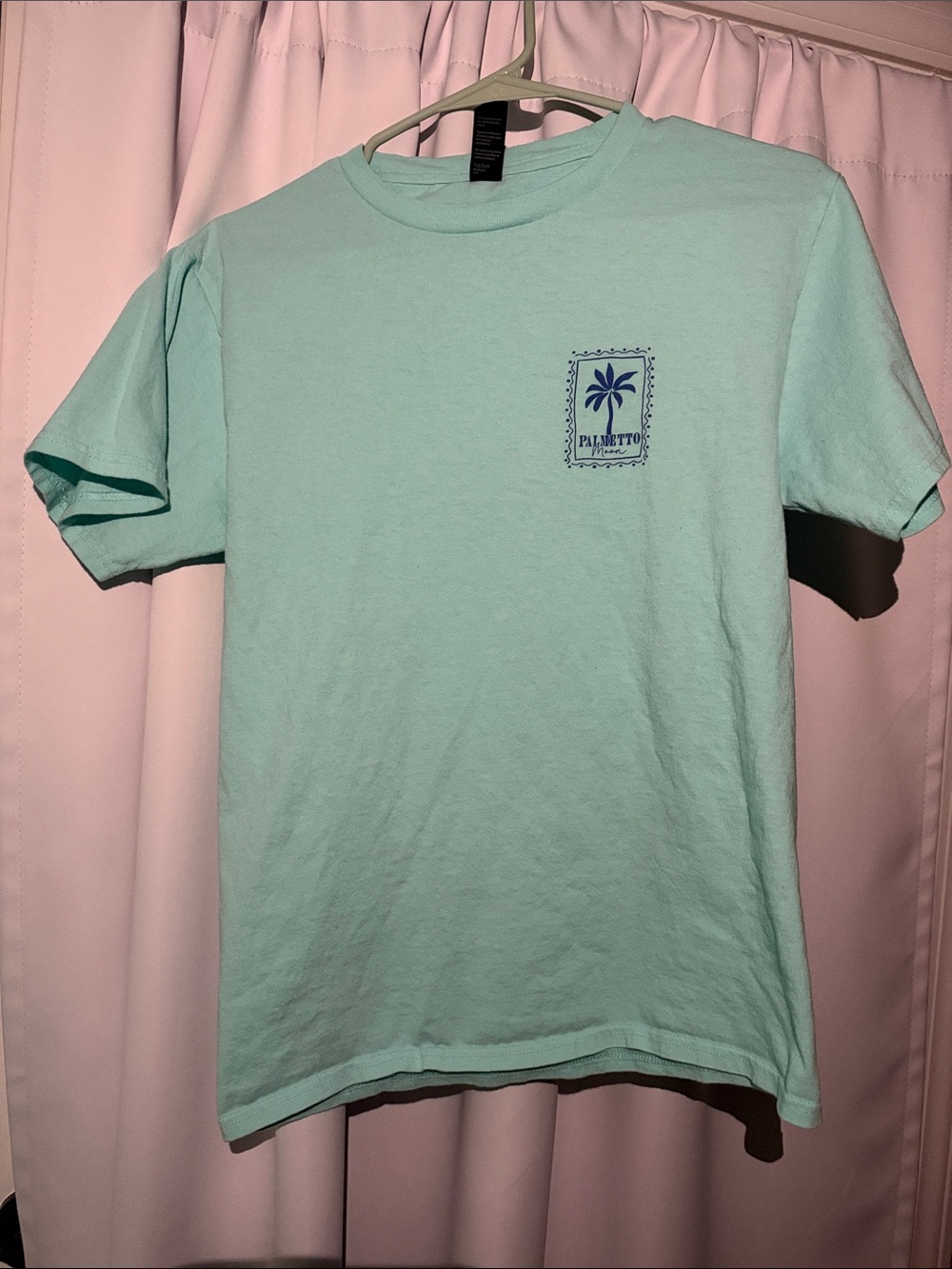 Woman’s small Short-Sleeve T-Shirt in Aqua Palmetto moon